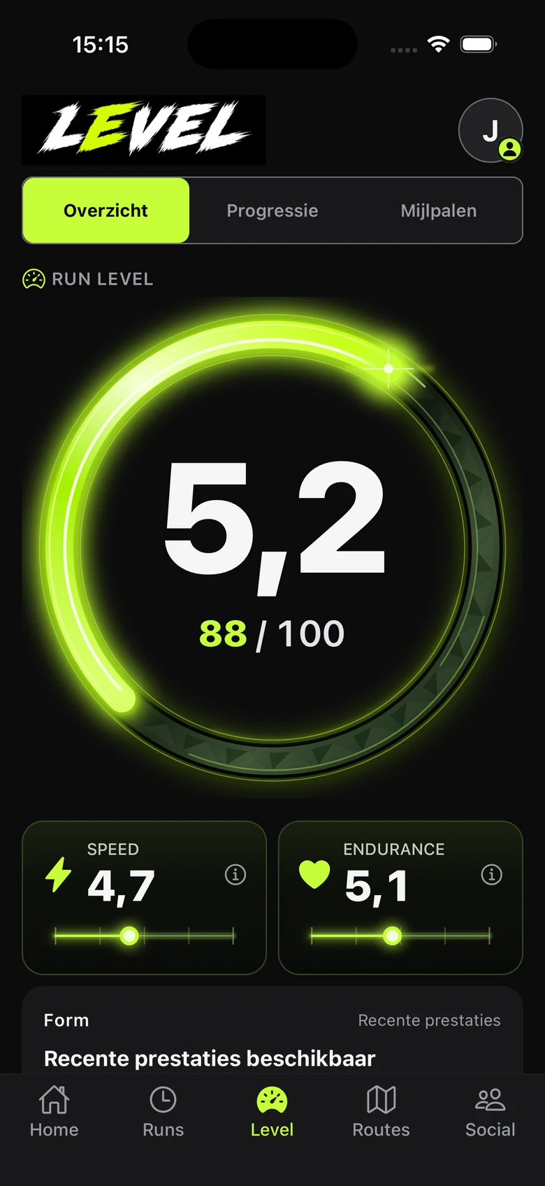 Current Dutch Level screen with lime ring, level 5.2, evidence 88/100, Speed 4.7 and Endurance 5.1.