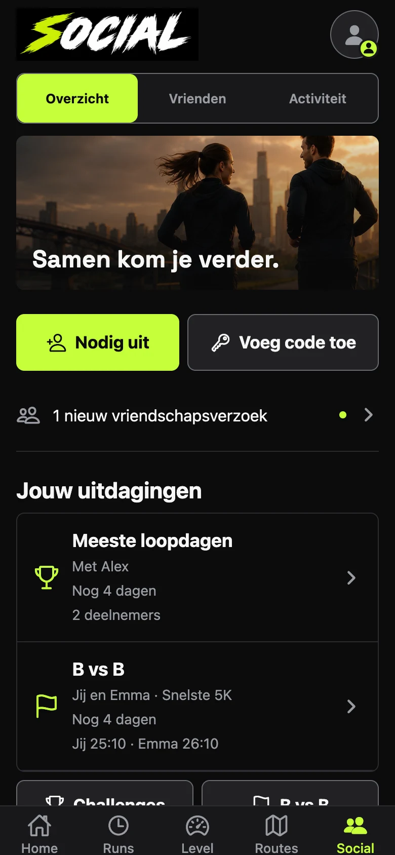 Current Dutch Social interface with fictional friends and challenges.